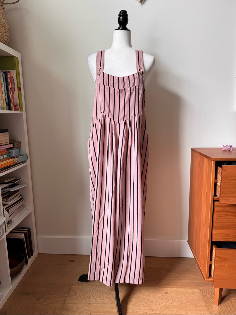 Wollence Pink Striped Wide Leg Overall Jumpsuit | Size Medium